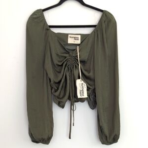 NWT Savanna Jane Olive Green Ruched Crop Long Sleeve Blouse Size M